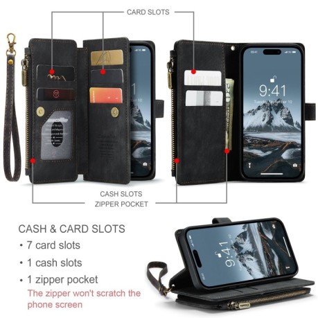 Кожаный чехол-кошелек CaseMe-C30 для iPhone 15 Pro - черный