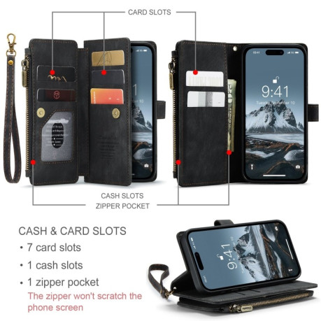 Кожаный чехол-кошелек CaseMe-C30 для iPhone 15 Pro Max - черный