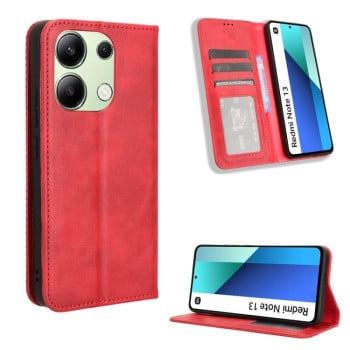 Чехол-книжка Magnetic Buckle Retro Crazy Horse Texture на Xiaomi Redmi Note 13 4G - красный