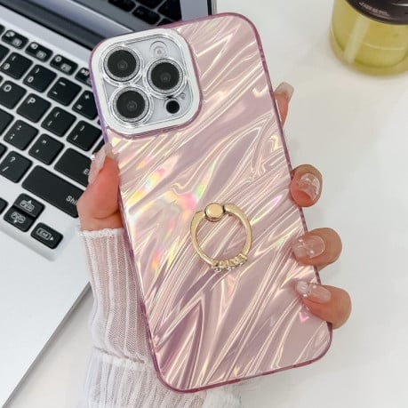 Противоударный чехол Plating Glitter Texture Ring Holder для iPhone 16 Pro Max - Pink Water Ripples