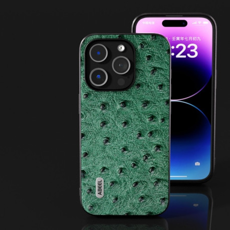 Кожаный чехол ABEEL Genuine Leather Ostrich Texture для iPhone 15 Plus - зеленый