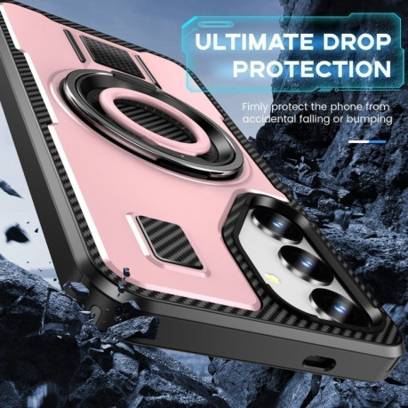 Противоударный чехол Ring Holder Carbon Fiber PC Hybrid TPU для Samsung Galaxy S25+ 5G - розовое золото