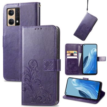 Чехол-книжка Four-leaf Clasp Embossed на OPPO Reno7 4G - фиолетовый