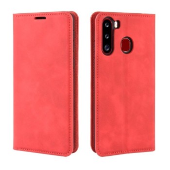 Чехол-книжка в стиле Retro мягкое покрытие Skin Feel деловой дизайн на Samsung Galaxy A21- красный