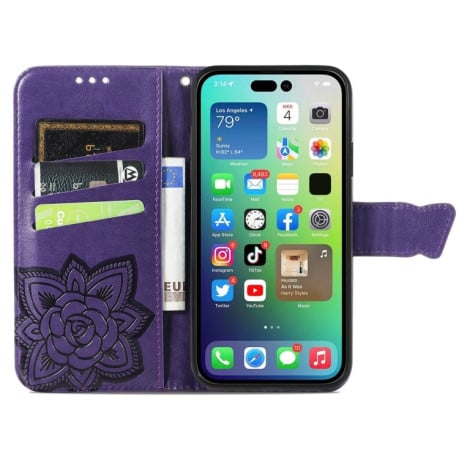 Чехол-книжка Butterfly Love Flower Embossed для iPhone 15 Pro - фиолетовый