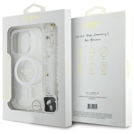 Оригинальный чехол Guess IML Glitter With Pearl Strap MagSafe для iPhone 16 Pro Max - Clear