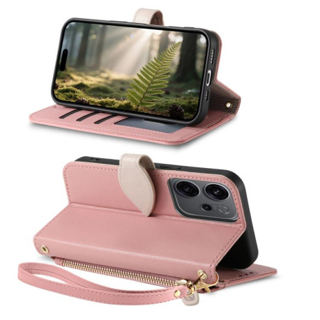 Чохол-книжка Leaf Buckle Zipper Wallet Leather with Strap на блискавці з ремінцем для OPPO Reno14 F 5G — рожевий