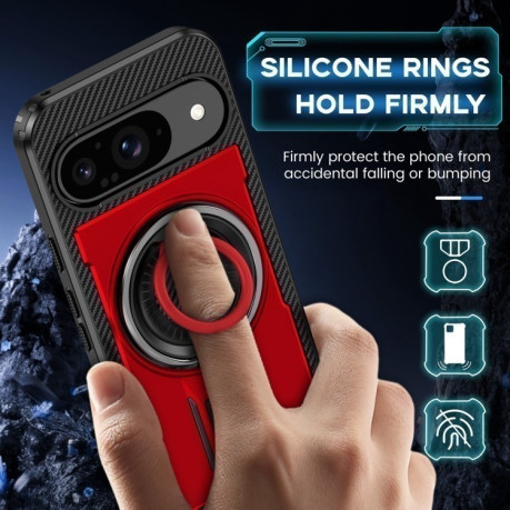Противоударный чехол Ring Holder Carbon Fiber PC Hybrid TPU для Google Pixel 9 / 9 Pro - красный