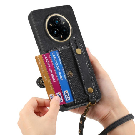 Противоударный чехол Retro Cross Wristband Wallet Leather для Realme 14 Pro+ - черный