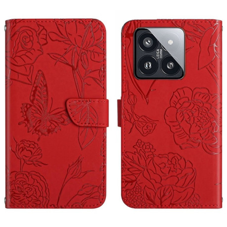 Чехол-книжка Skin Feel Butterfly Embossed для Xiaomi 14 Pro - красный