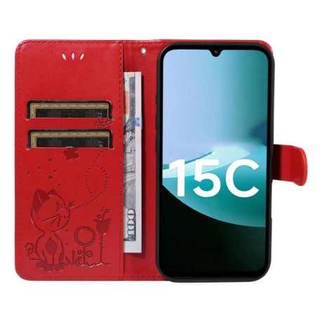 Чехол-книжка Cat Embossing Pattern на Xiaomi Redmi 15C 5G / 4G EU 173mm - красный