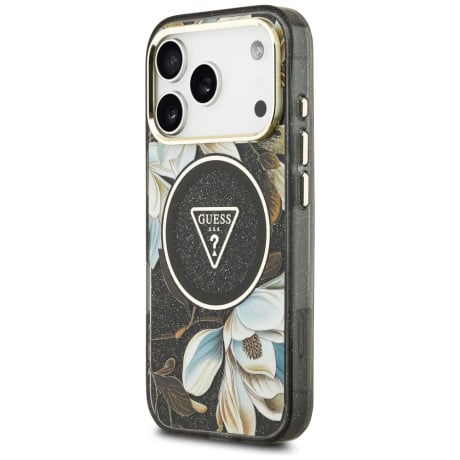 Оригинальный чехол Guess IML Glitter Flowers Triangle с MagSafe на iPhone 17 Pro - black