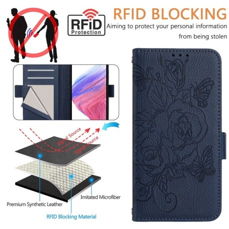Чехол-книжка Embossed Rose RFID Anti-theft Leather для Realme GT 7 Pro 5G - синий