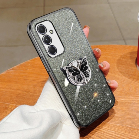 Противоударный чехол Plated Gradient Glitter Butterfly Holder для Samsung Galaxy A55 5G - черный