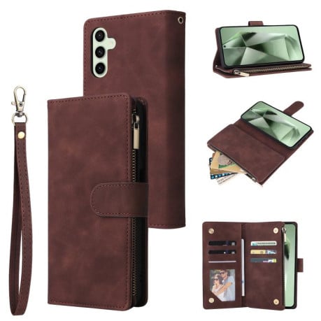 Чохол-книжка Multifunctional Frosted Zipper Wallet з матовою фактурою та ремінцем на Samsung Galaxy S25 FE 5G - кавовий