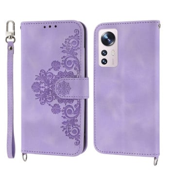 Чохол-книжка Skin-feel Flowers Embossed для Xiaomi 12 Pro - фіолетовий