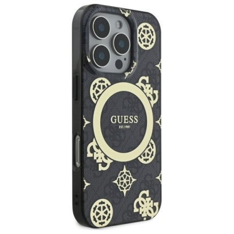 Оригинальный чехол Guess IML Peony On 4G Background MagSafe для iPhone 16 Pro Max - Black