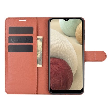 Чехол-книжка Litchi Texture на Samsung Galaxy A12/M12 - коричневый