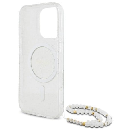 Оригинальный чехол Guess IML Glitter With Pearl Strap MagSafe для iPhone 16 Pro Max - Clear