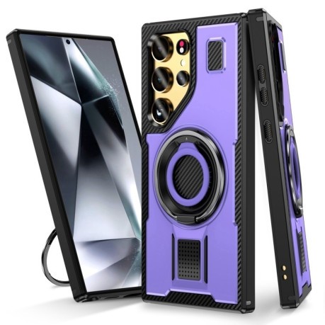 Протиударний чохол Ring Holder Carbon Fiber PC Hybrid TPU  для Samsung Galaxy S25 Ultra 5G - фіолетовий