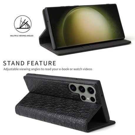 Шкіряний чохол-книжка Fierre Shann Crocodile Texture Magnetic Genuine Leather на Samsung Galaxy S24 Ultra 5G - чорний
