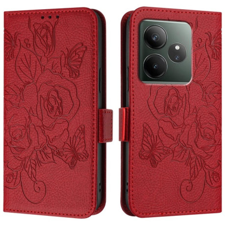 Чохол-книжка Embossed Rose RFID Anti-theft Leather для Realme GT 6T 5G Global - червоний