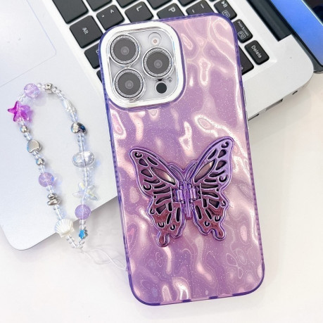 Протиударний чохол Plating Glitter Lens Film Texture Butterfly Holder Wristband для iPhone 16 Pro Max - Purple Wrinkles.