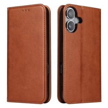 Кожаный чехол-книжка Fierre Shann Genuine leather для iPhone 16 Plus - коричневый