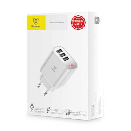 Зарядное устройство Baseus Digital Display 3 USB Ports 3.4A для iPhone, iPad, Galaxy, Sony, HTC, Google, Huawei, Other Smart Phones and Tablets(White)