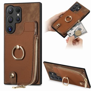 Чохол Cross Leather Ring Vertical Zipper Wallet для Samsung Galaxy S24 Ultra 5G - коричневий