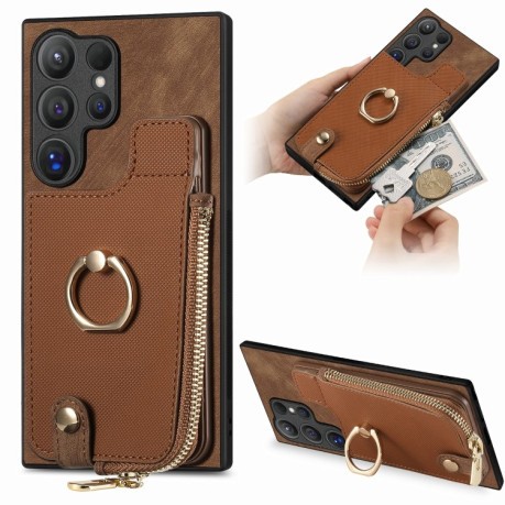 Чехол Cross Leather Ring Vertical Zipper Wallet для Samsung Galaxy S24 Ultra 5G - коричневый