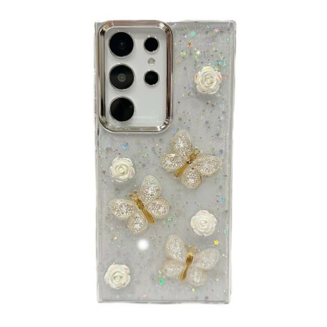 Противоударный чехол Plated Gradient Glitter Butterfly Holder для Samsung Galaxy S25 Ultra 5G - золотой