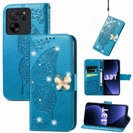 Чехол-книжка Rhinestones Butterfly Love Flower Embossed для Xiaomi 13T / 13T Pro - синий