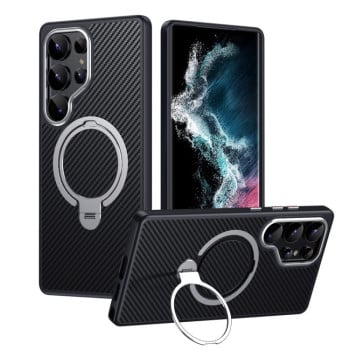 Чохол Double Ring MagSafe Holder Carbon Fibre  для Samsung Galaxy S25 Ultra 5G - сріблястий