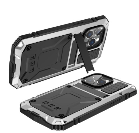 Противоударный металлический влагозащитный чехол R-JUST Dustproof на iPhone 14 Pro - серебристый