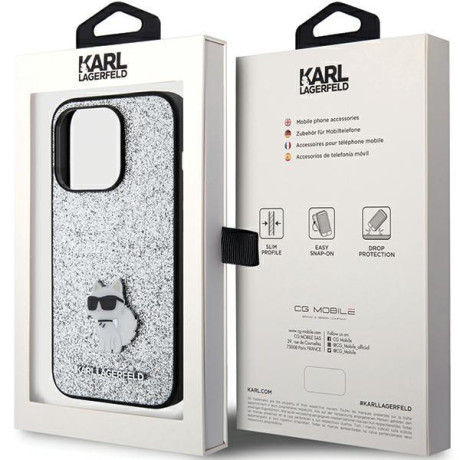 Оригінальний чохол Karl Lagerfeld Fixed Glitter Choupette Logo Metal Pin для iPhone 15 Pro - Silver