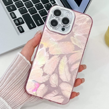 Противоударный чехол Plating Glitter Texture TPU with Lens Film для iPhone 16 Pro - Pink Feathers