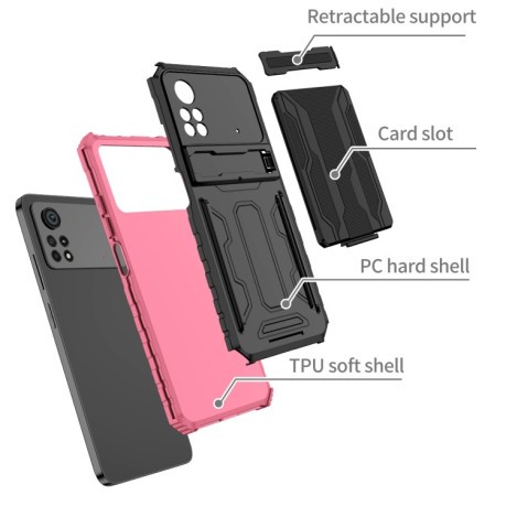 Противоударный чехол Kickstand Armor Card Wallet для Xiaomi Poco X4 Pro 5G - розовый