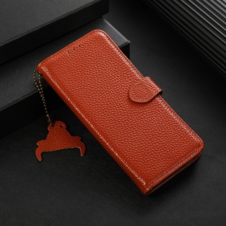 Шкіряний чохол-книжка KHAZNEH Genuine Leather RFID для Xiaomi Redmi Note 14 4G - кавовий