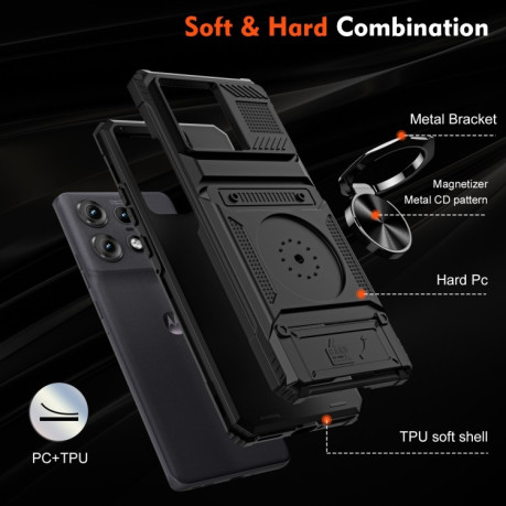 Противоударный чехол Shockproof Card Slot Phone Case with Metal Ring Holder для Motorola Edge 50 Pro - черный