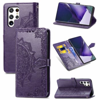 Чехол-книжка Mandala Embossing Pattern на Samsung Galaxy S22 Ultra - фиолетовый