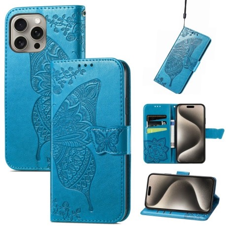 Чохол-книжка Butterfly Love Flower Embossed для iPhone 16 Pro Max - синій