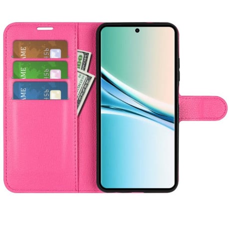 Чехол-книжка с фактурой Litchi и магнитным хлястиком на Xiaomi Redmi Note 15 4G / 5G /Poco M8164mm — розово-красный