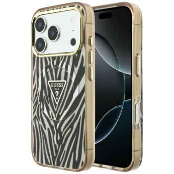 Оригинальный чехол Guess IML Zebra Glitter Triangle Logo MagSafe на iPhone 17 Pro / 18 Pro - Gold