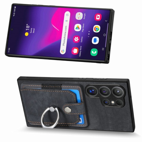 Чохол Retro Skin-feel Ring Multi-card Wallet на Samsung Galaxy S24 Ultra 5G - чорний