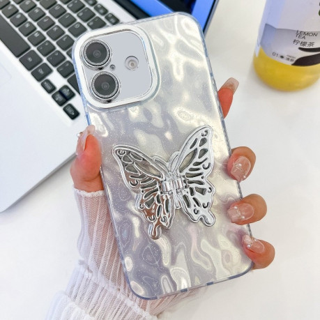 Противоударный чехол Plating Glitter Texture Butterfly для iPhone 16 Plus - White Wrinkles