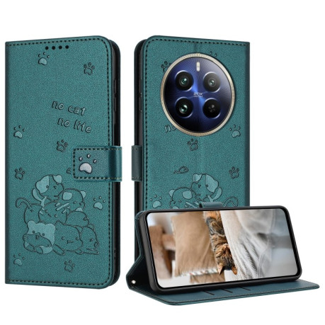 Чехол-книжка Embossed Kitten Phone Leather для Realme 12+ 5G/12 4G/13 4G - зеленый