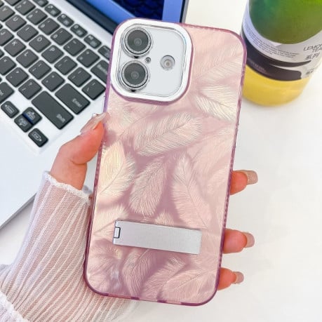 Противоударный чехол Plating Glitter Texture Fold Holder TPU Phone Case with Lens Film для iPhone 16 - Pink Feathers