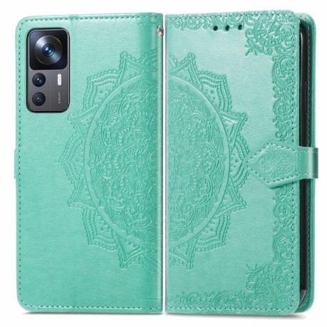 Чехол-книжка Lucky Clover Halfway Mandala Embossing Pattern на Xiaomi 12T / 12T Pro / Redmi K50 Ultra - зеленый