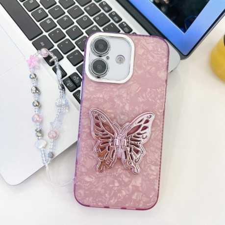 Протиударний чохол Plating Glitter Lens Film Texture Butterfly Holder Wristband для iPhone 16 - Pink Shell Pattern